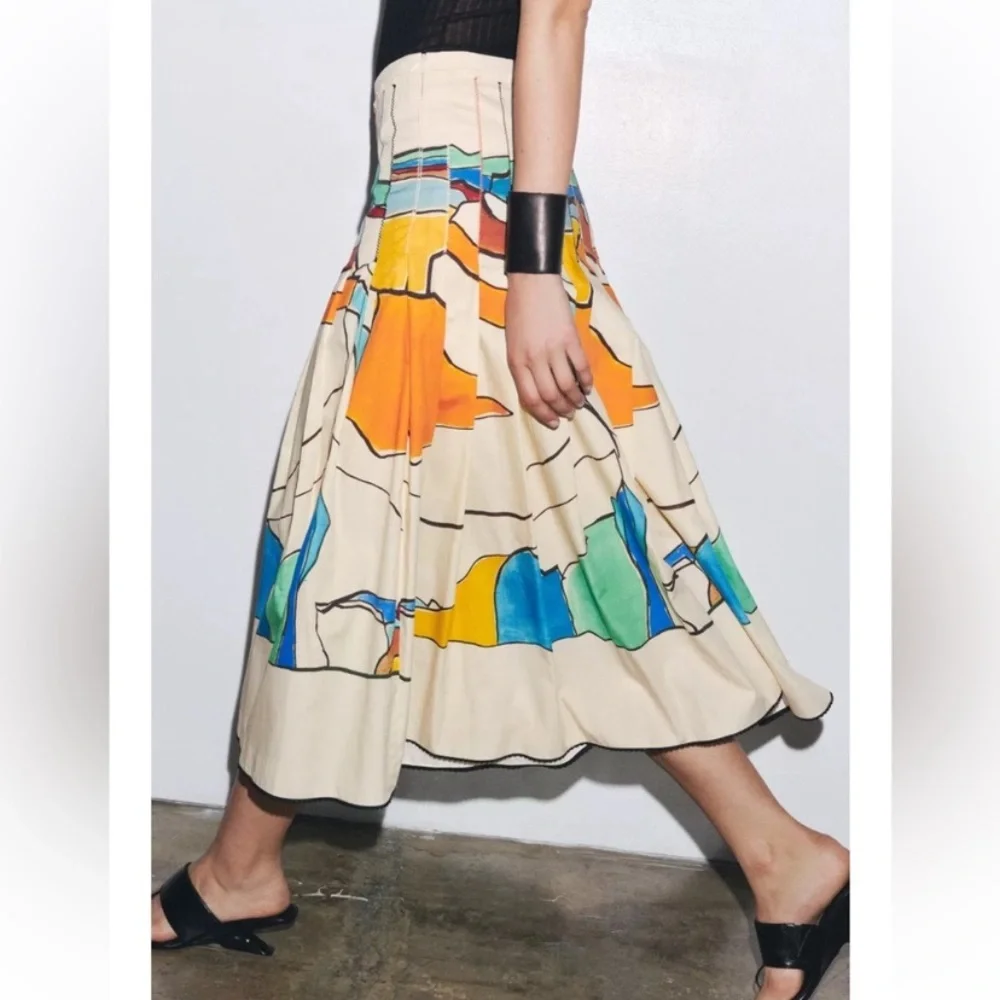ZARA Printed Pleated Midi Skirt Colorful Abstract Painting Medium, NWOT - Picture 2 of 12